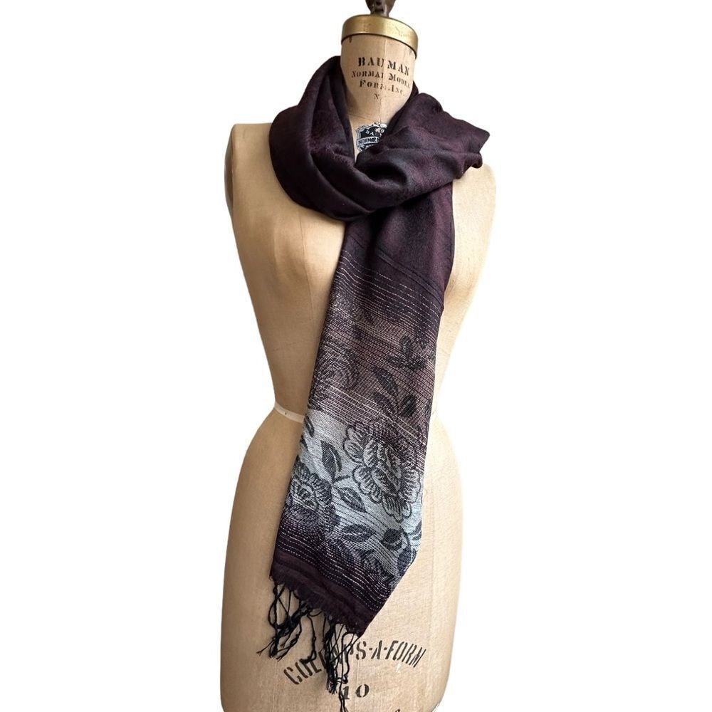 Pashmina Brown 100% Cashmere Floral Paisley Tasseled Shawl Scarf Wrap 28”x 66”